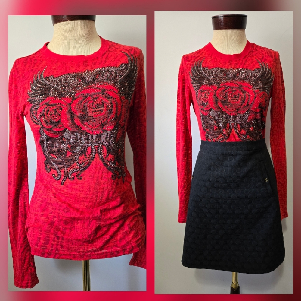 ROCK & ROLL COWGIRL Semi Sheer Red Rose Long Sleeve Shirt. Size Medium